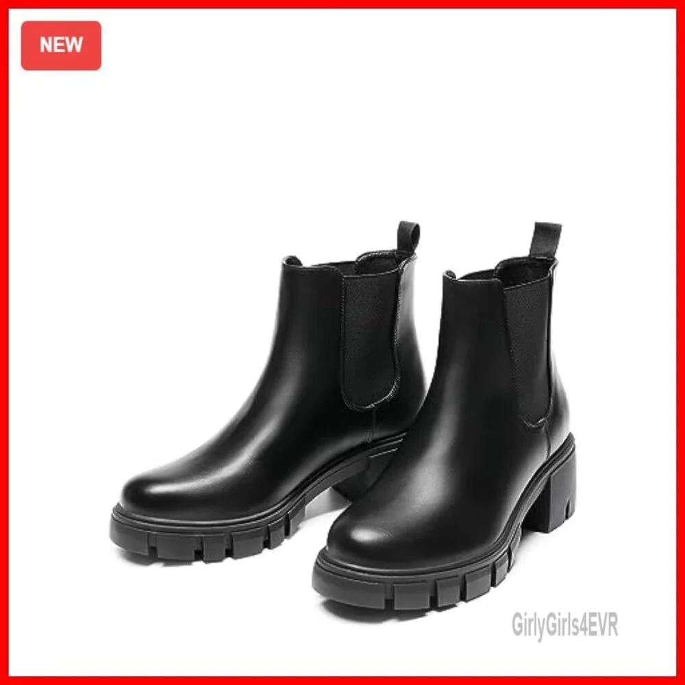 Women's Elastic Chelsea Ankle Boots Platform Low Chunky Heel Slip On
